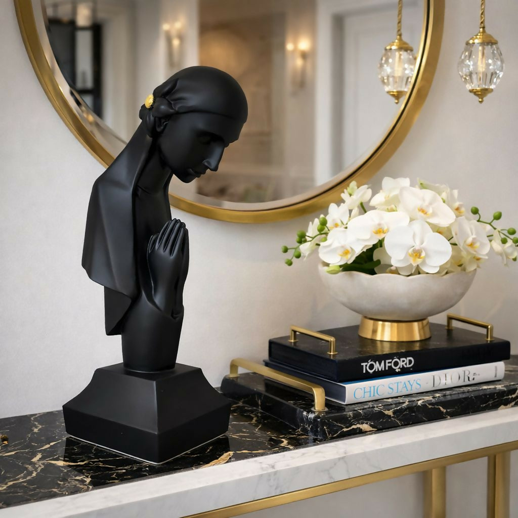 Abstract praying lady sculpture in matte finish front view