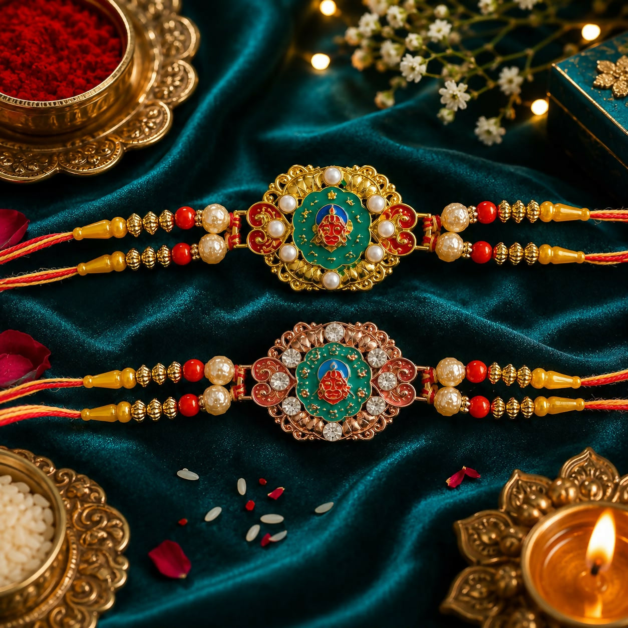 Two Hanuman Ji designer rakhis with gold and rose gold accents, pearls, and red threads, on a teal satin cloth with rose