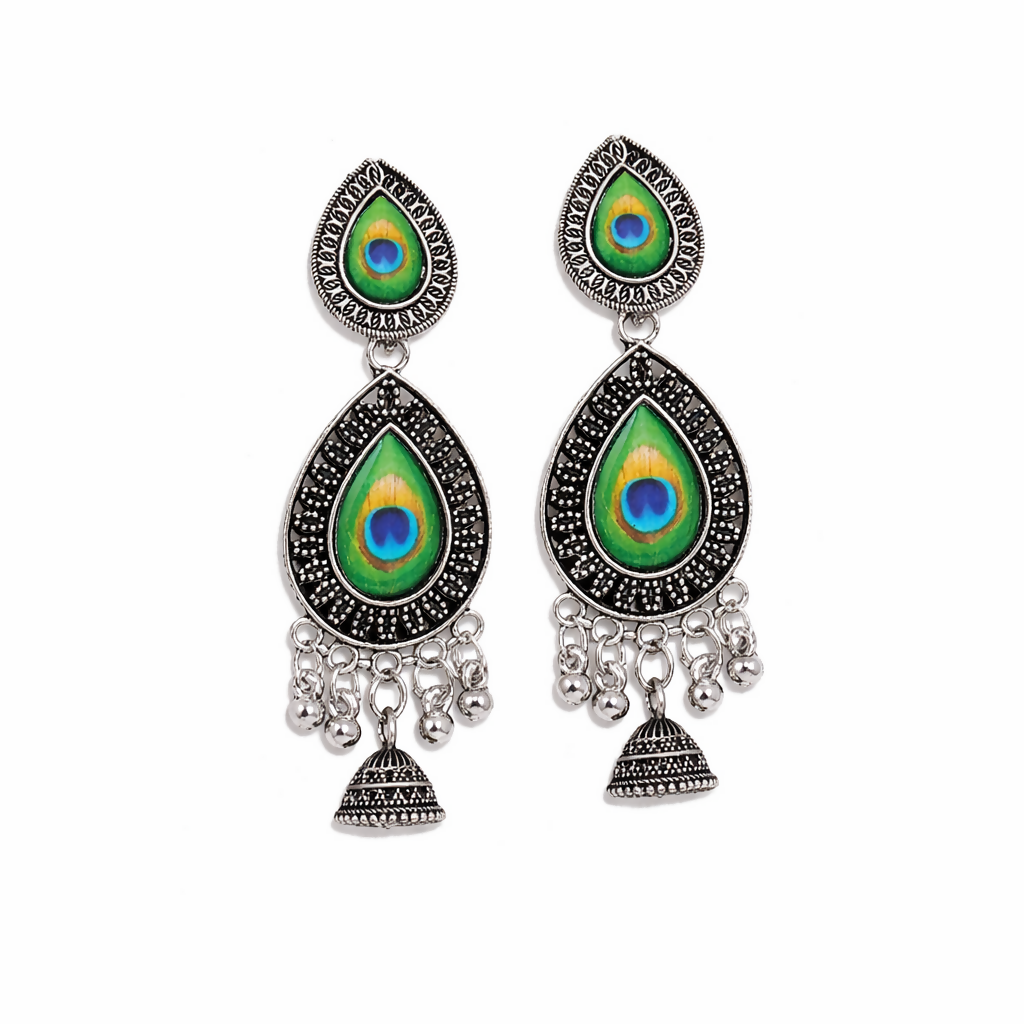 Peacock Feather Silver Look Drop Jhumka Earings