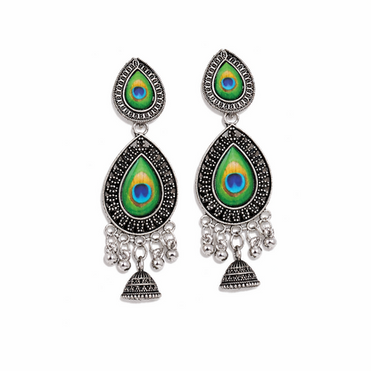 Peacock Feather Silver Look Drop Jhumka Earings