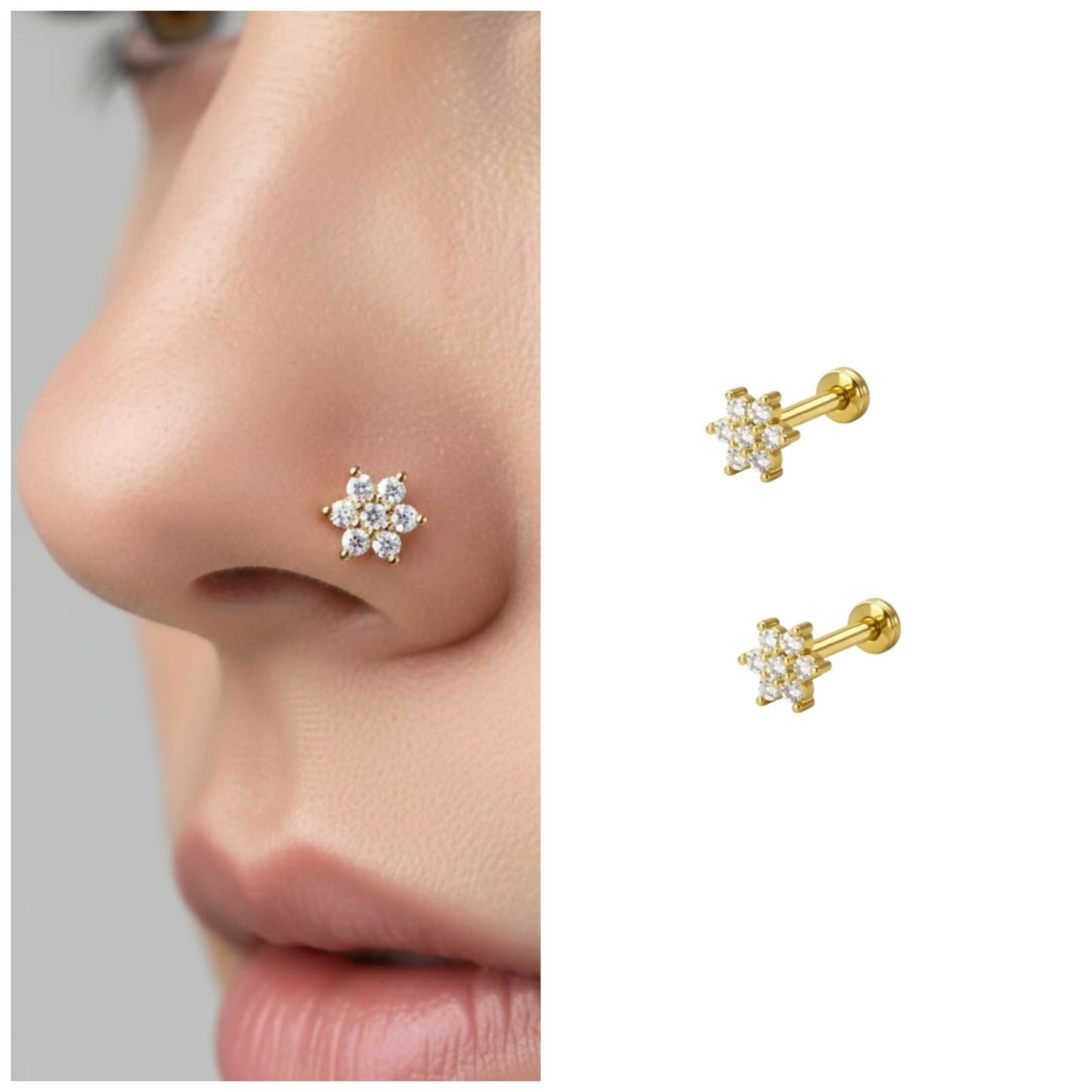 Gold plated crystal flower nosepin stud with flat back design