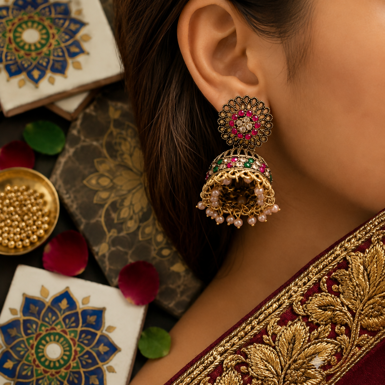 Gold Plated Jhumka Earrings with Pearl Drops for Women
