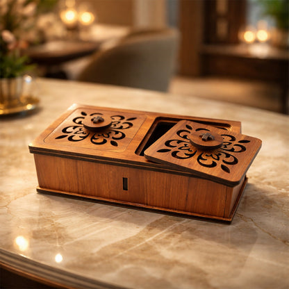 Close-up of intricate carved lid on wooden dry fruit storage box