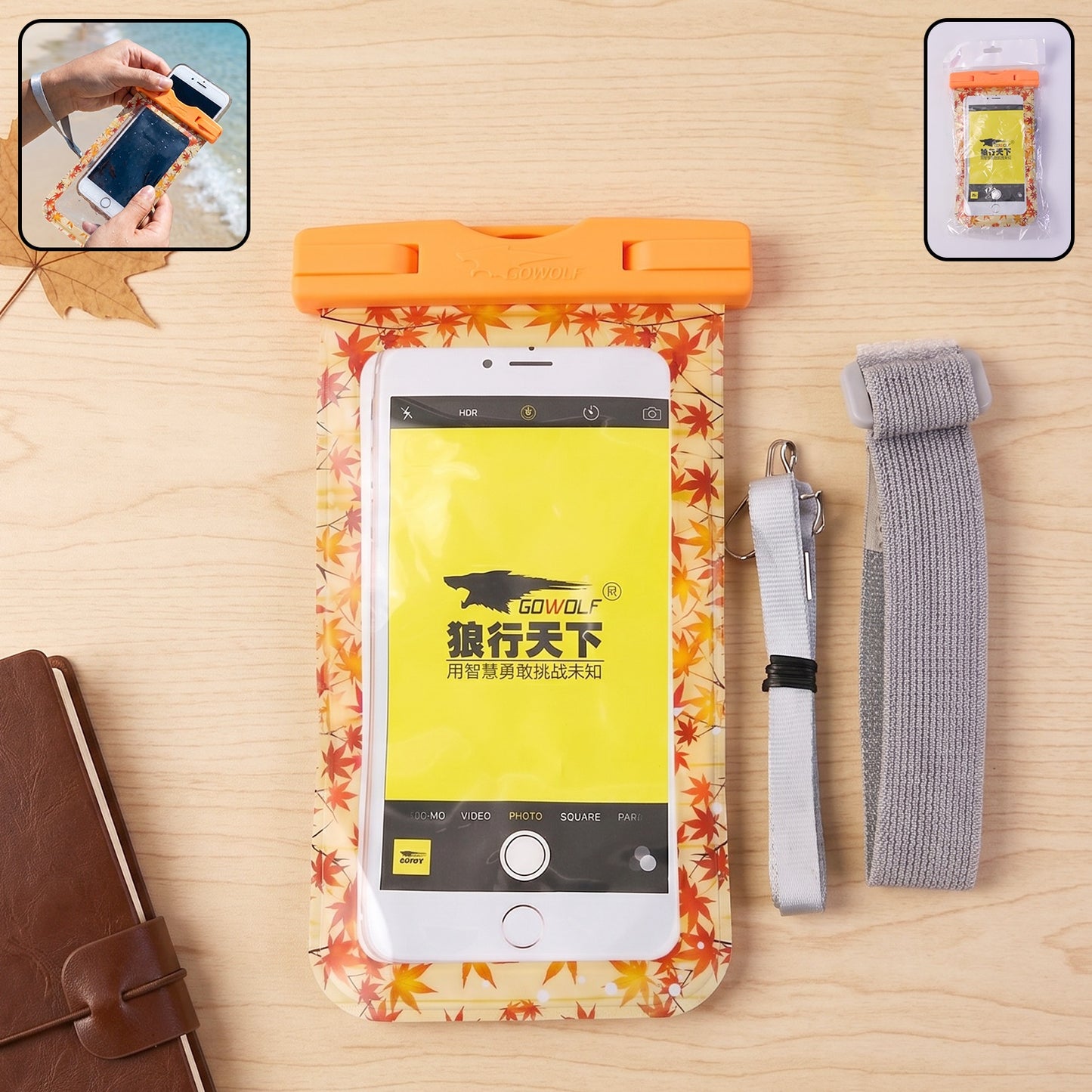 Orange maple leaf waterproof mobile pouch main view