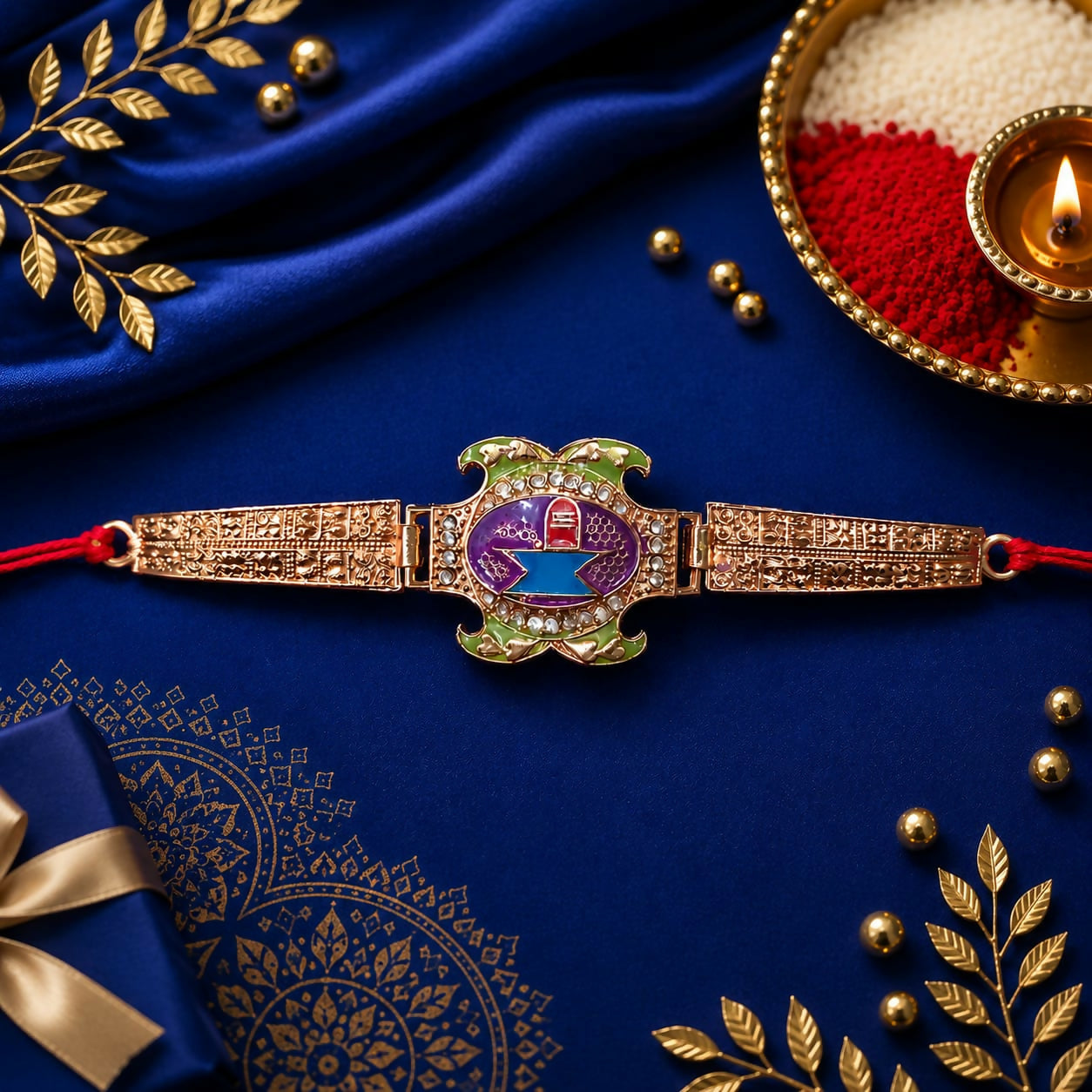 A rose gold Rakhi with a purple, blue, and green Shivling design is centered on a dark blue cloth with gold leaves.