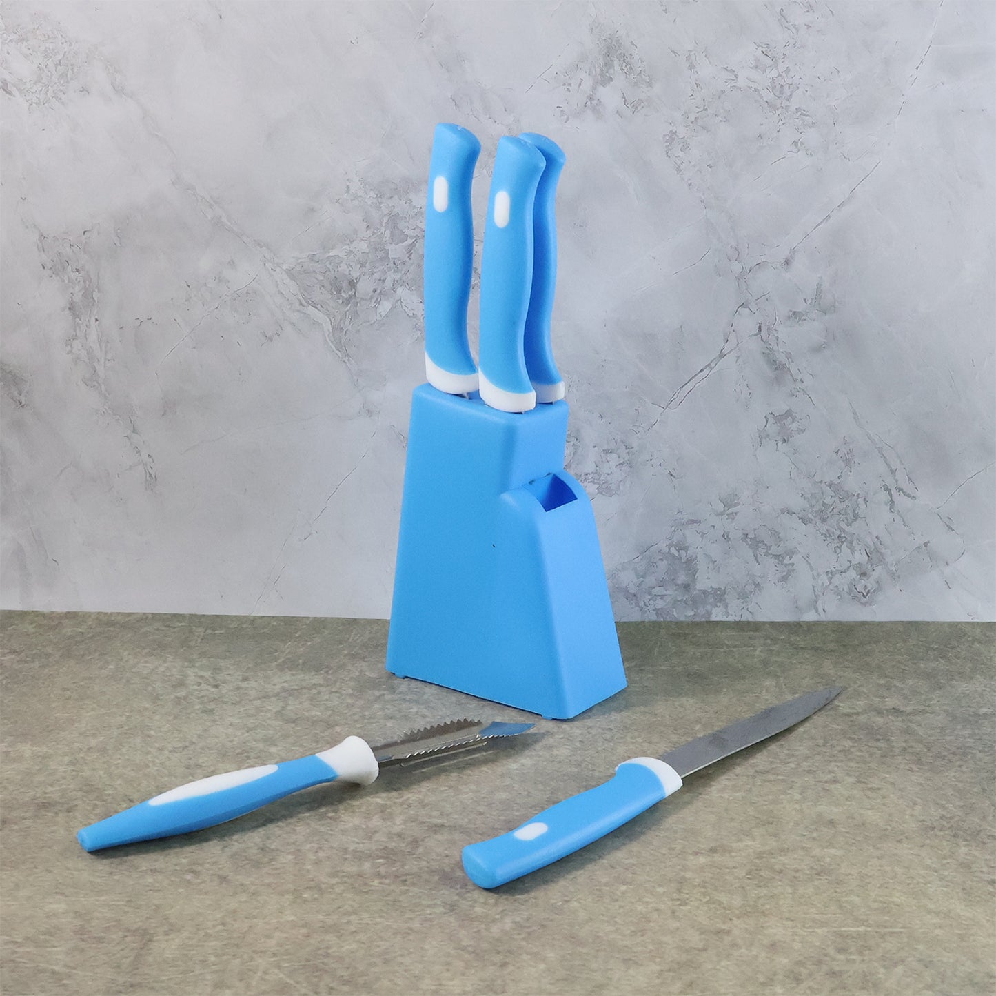 Stainless Steel Knife & Peeler Set with Stand - 6 Pcs