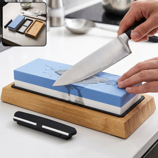 Double sided knife sharpening whetstone set with bamboo base