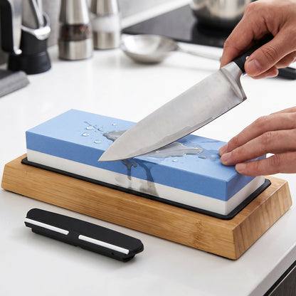 Double Sided Knife Sharpening Whetstone Set with Bamboo Base and Guide (1 Set)