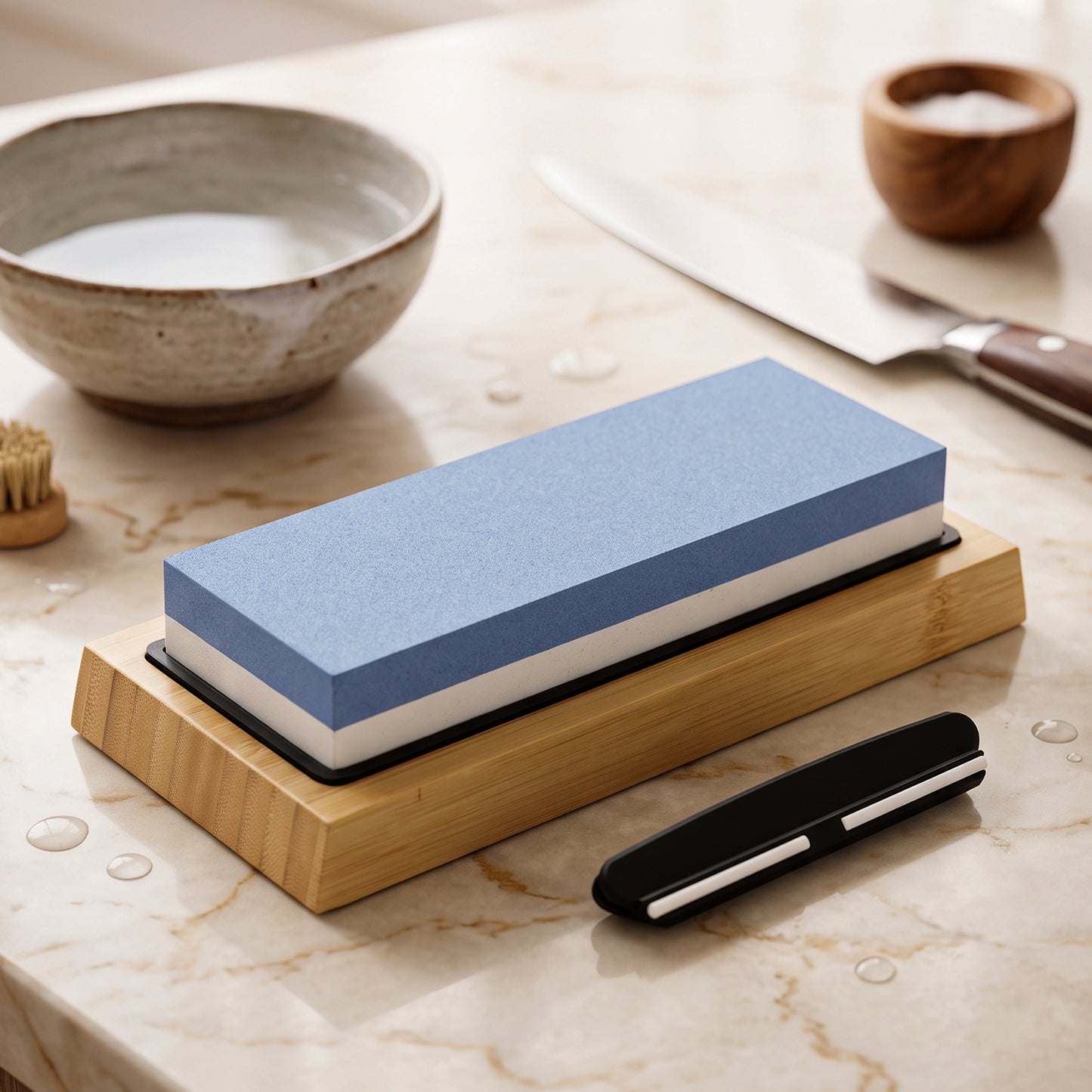 Double Sided Knife Sharpening Whetstone Set with Bamboo Base and Guide (1 Set)