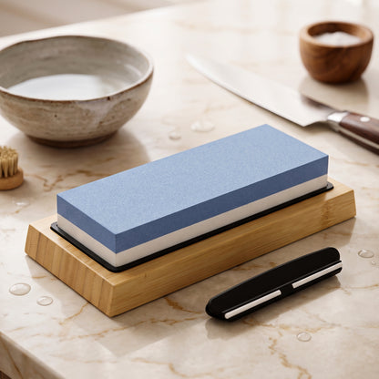 Double Sided Knife Sharpening Whetstone Set with Bamboo Base and Guide (1 Set)