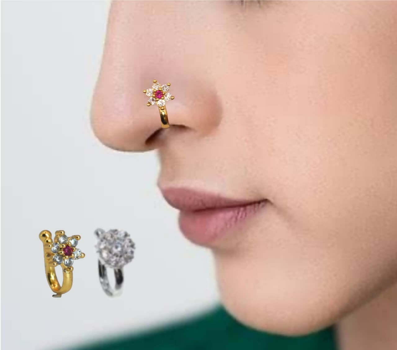 Diamond cluster clip-on nose ring with CZ stones in silver tone