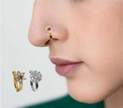 Diamond cluster clip-on nose ring with CZ stones in silver tone