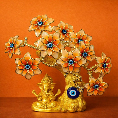 Golden Ganesha Tree Showpiece with Evil Eye for Home Décor & Gift