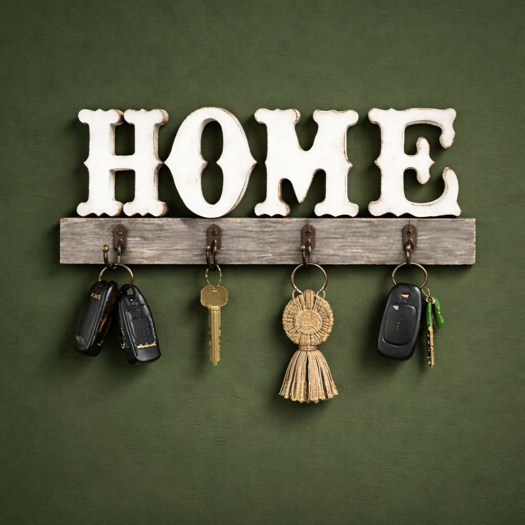 Wooden HOME Key Holder Wall Mount with Hooks for Keys Organizer