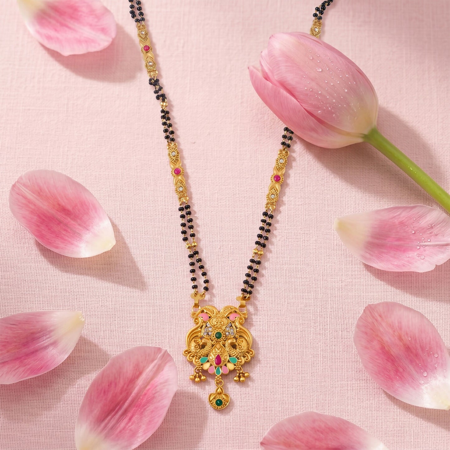 Long double-strand black bead chain with ornate links and pendant in antique finish