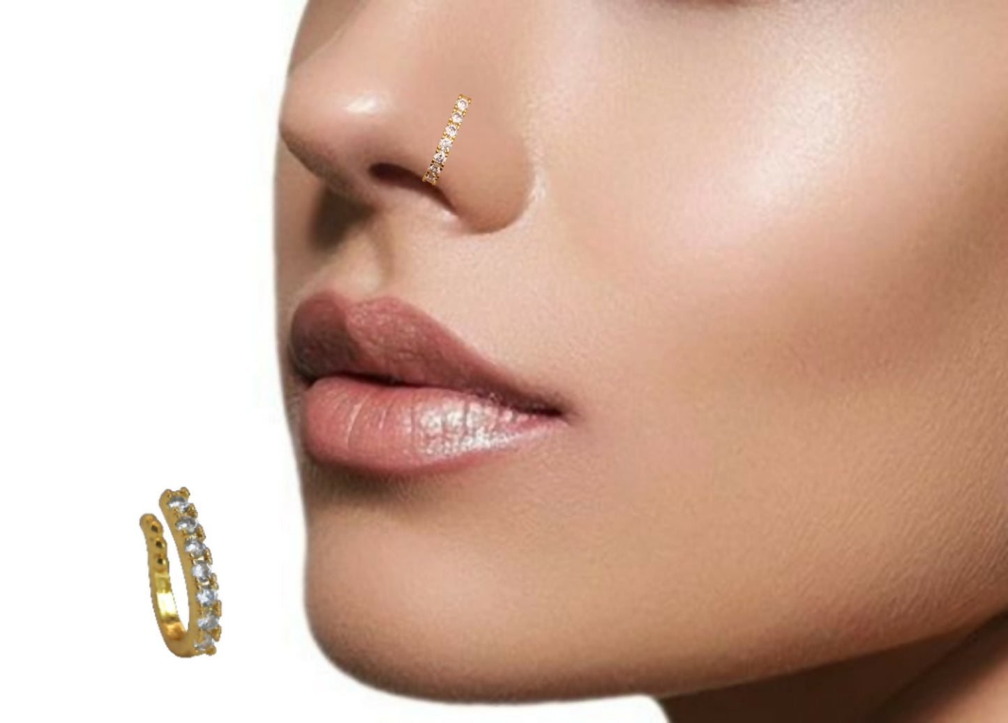 Ruby CZ Gold Plated Non-Piercing Flower Nose Ring/Clip On Nath Combo Pack of 2