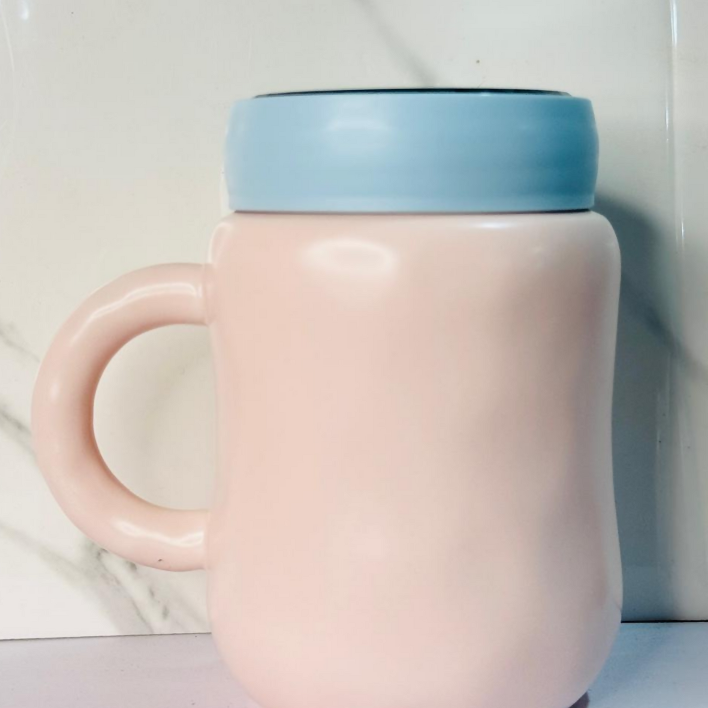 Pastel Pink Ceramic Cartoon Mug with Lid – Cute Character Print Coffee & Tea Cup – 350 ml Matte Finish – Ideal Gift for Kids & Adults
