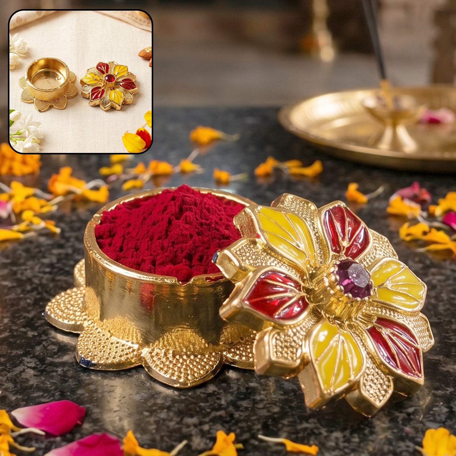 Decorative golden kankavati kumkum box