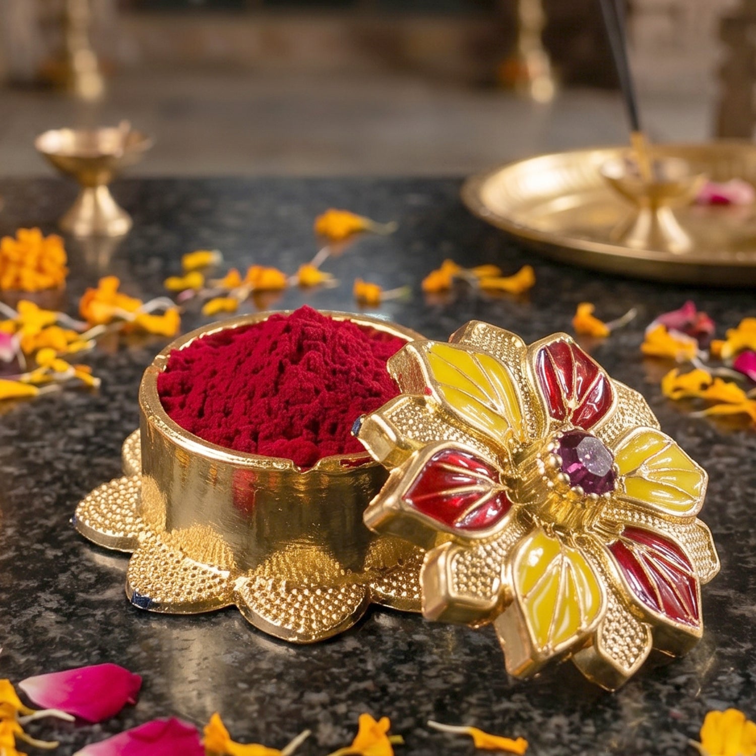 Close-up of kankavati kumkum box