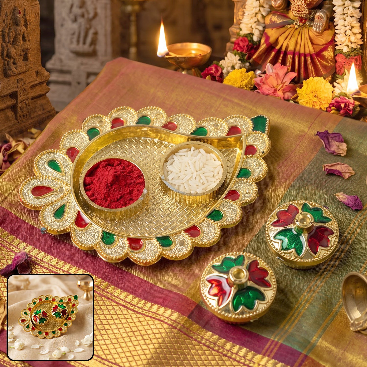 Mango Shape Kumkum Dish with 2 Diya Stands for Puja Thali Decor (1 Pc)