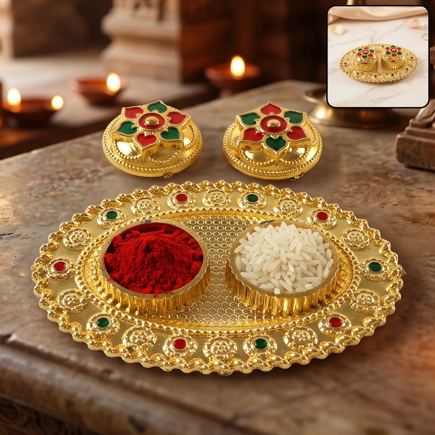 Oval Golden Kankavati Kumkum Holder with Meena Work Border (1 Pc)