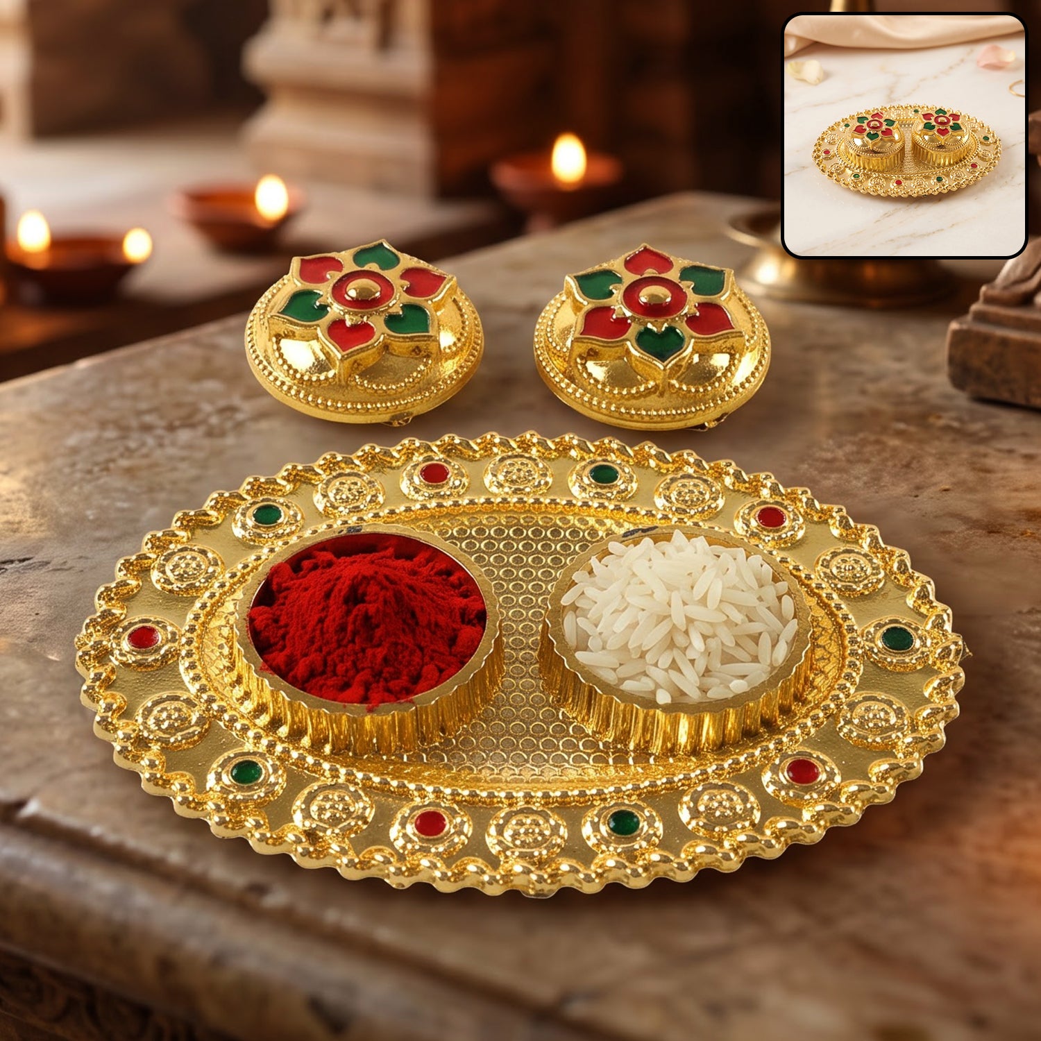 Oval Golden Kankavati Kumkum Holder with Meena Work Border (1 Pc)
