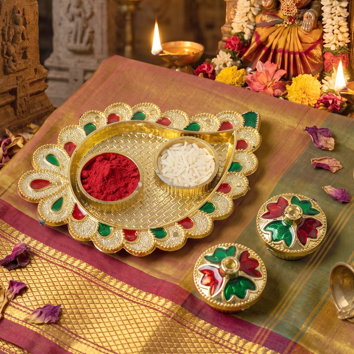 Mango Shape Kumkum Dish with 2 Diya Stands for Puja Thali Decor (1 Pc)