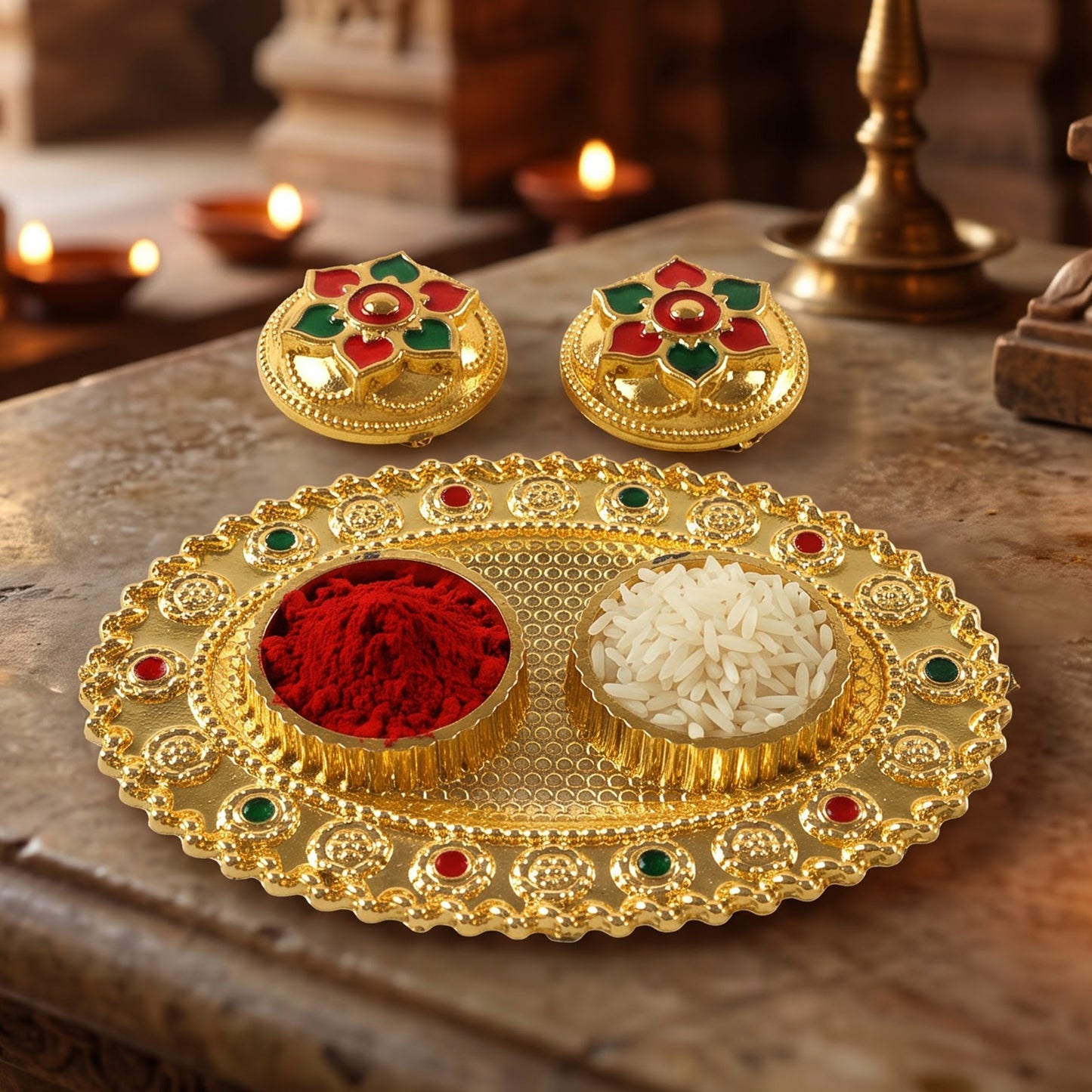Oval Golden Kankavati Kumkum Holder with Meena Work Border (1 Pc)