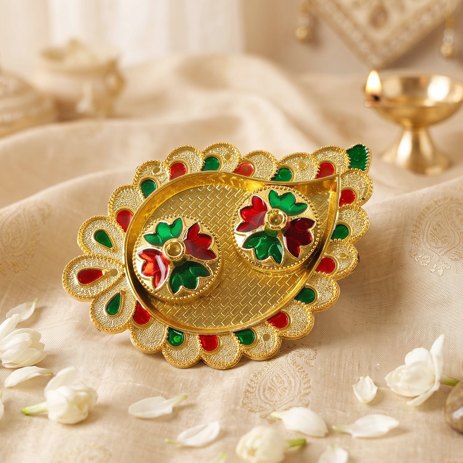 Mango Shape Kumkum Dish with 2 Diya Stands for Puja Thali Decor (1 Pc)