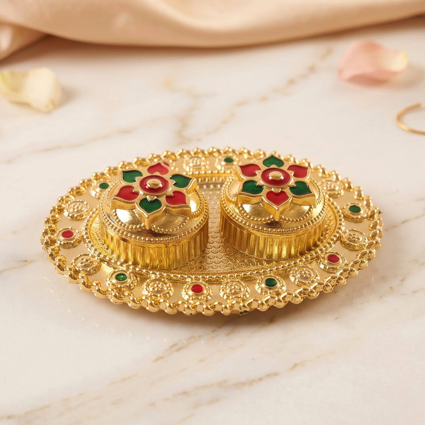 Oval Golden Kankavati Kumkum Holder with Meena Work Border (1 Pc)