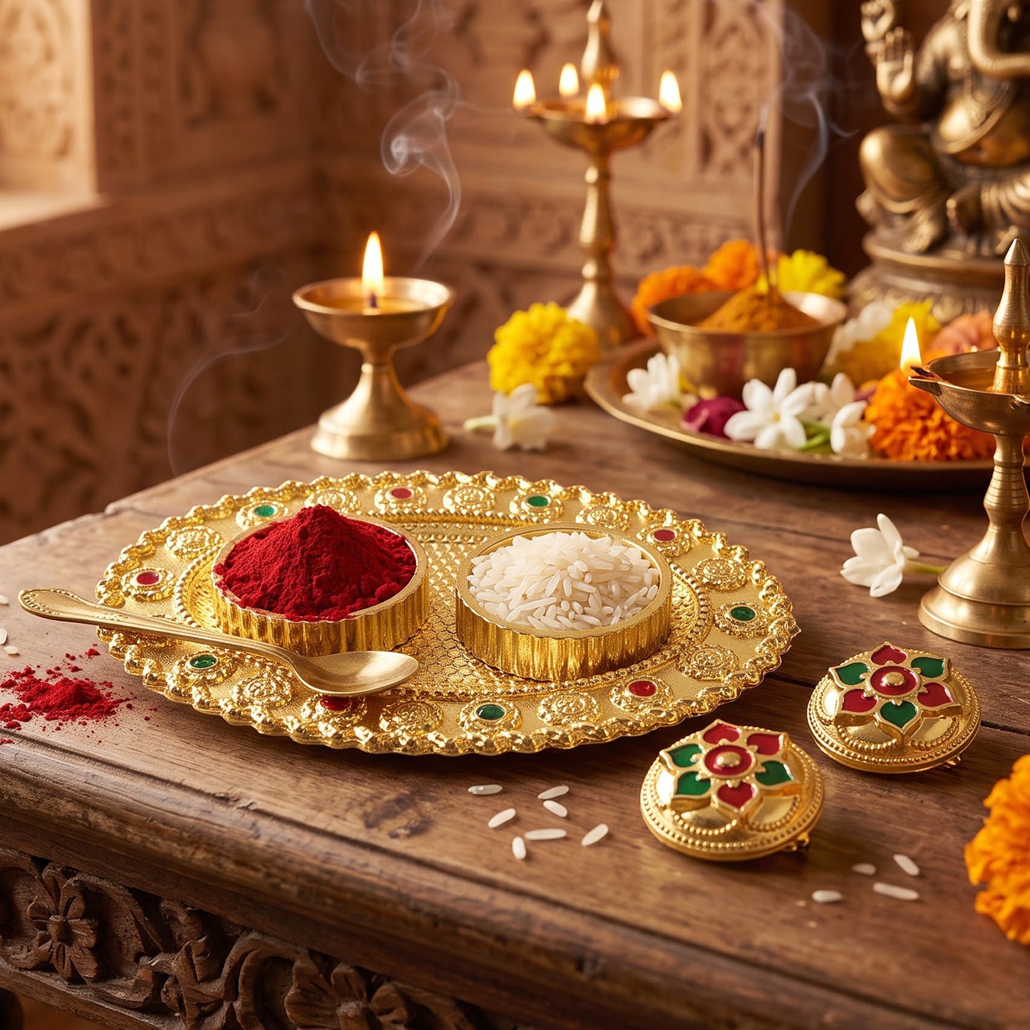 Oval Golden Kankavati Kumkum Holder with Meena Work Border (1 Pc)