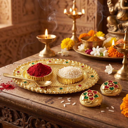 Oval Golden Kankavati Kumkum Holder with Meena Work Border (1 Pc)