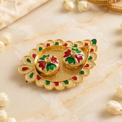 Mango Shape Kumkum Dish with 2 Diya Stands for Puja Thali Decor (1 Pc)