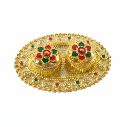 Oval Golden Kankavati Kumkum Holder with Meena Work Border (1 Pc)