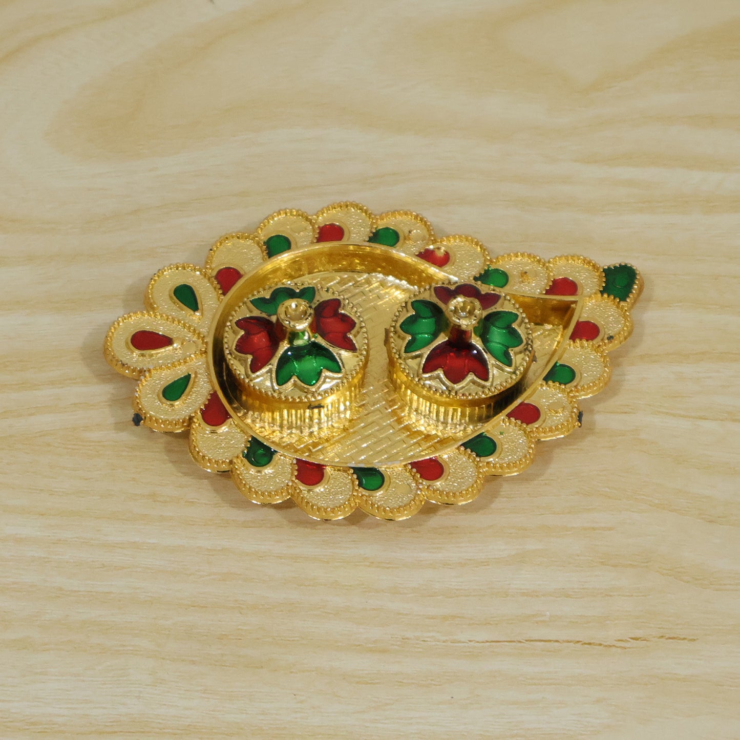 Mango Shape Kumkum Dish with 2 Diya Stands for Puja Thali Decor (1 Pc)