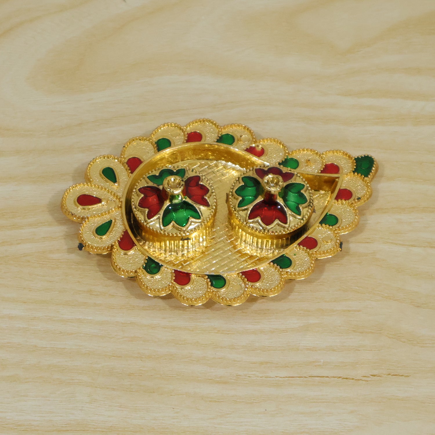 Mango Shape Kumkum Dish with 2 Diya Stands for Puja Thali Decor (1 Pc)