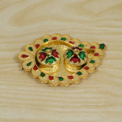 Mango Shape Kumkum Dish with 2 Diya Stands for Puja Thali Decor (1 Pc)