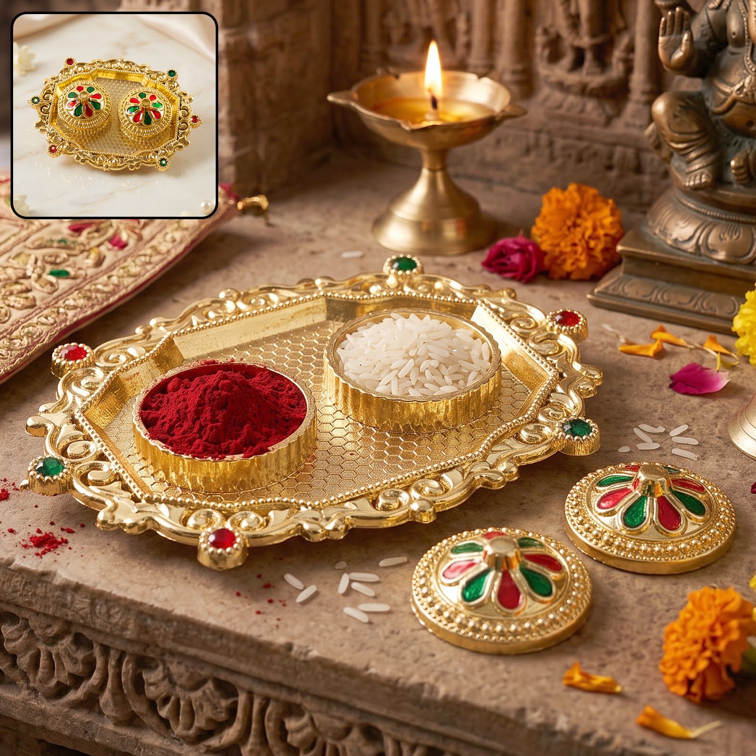 Decorative Golden Kankavati Kumkum Holder with Meenakari Lids (1 Pc)