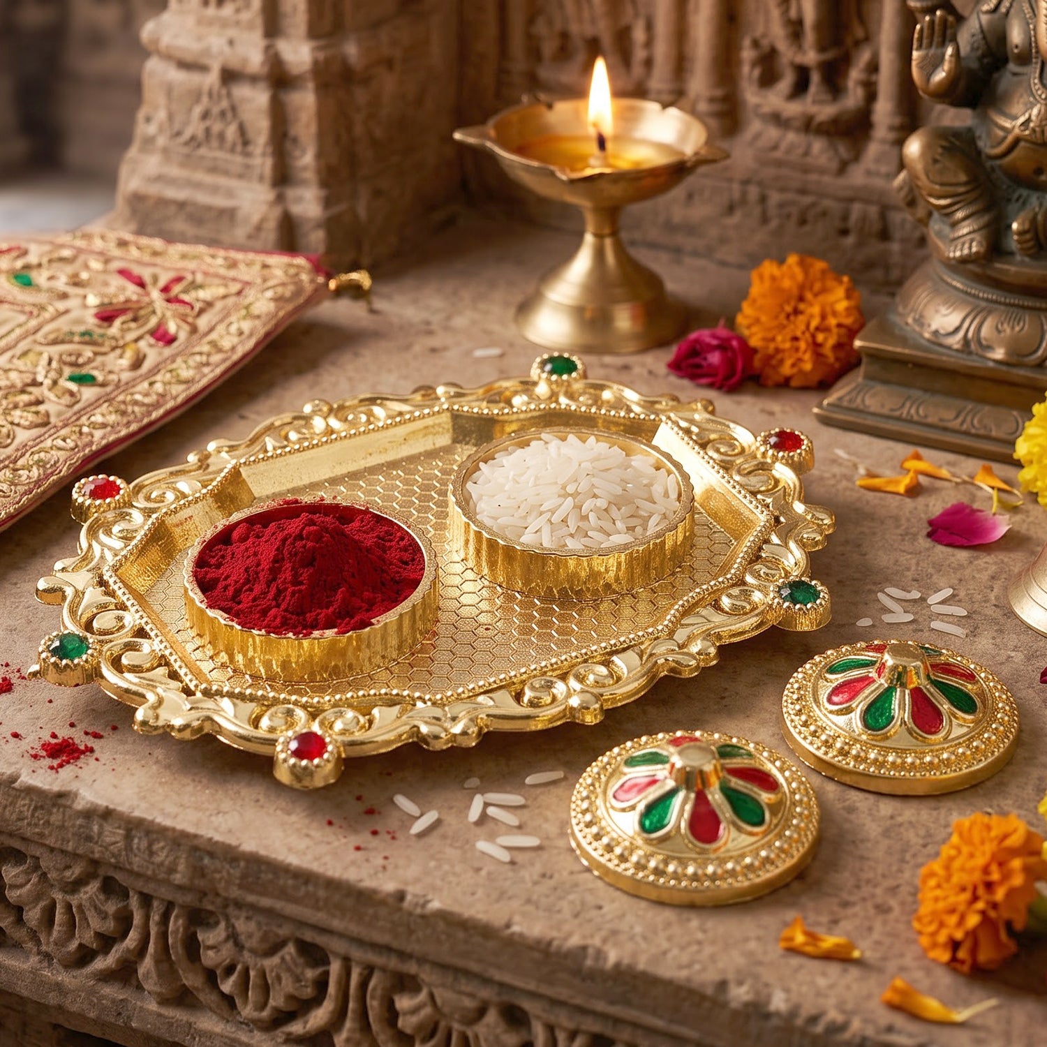Decorative Golden Kankavati Kumkum Holder with Meenakari Lids (1 Pc)