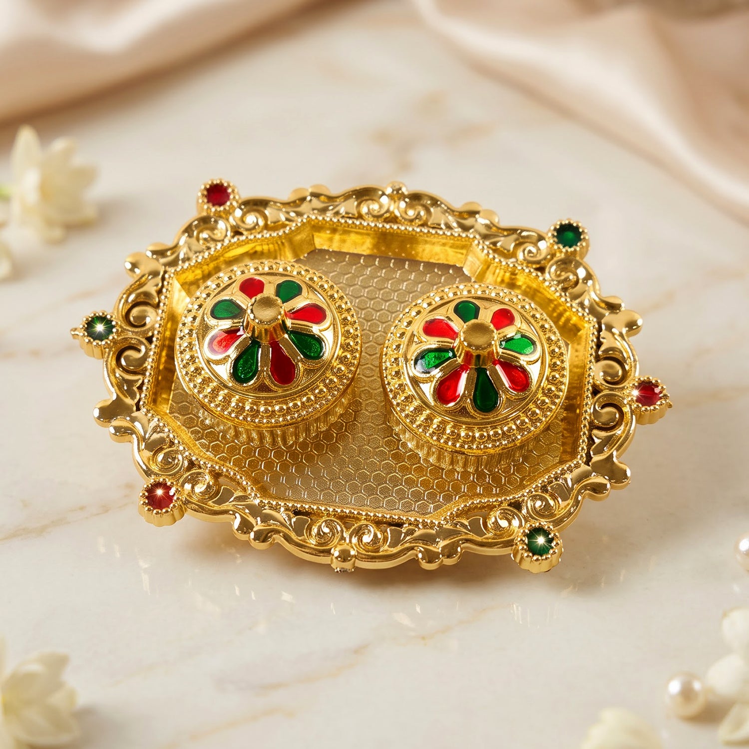 Decorative Golden Kankavati Kumkum Holder with Meenakari Lids (1 Pc)