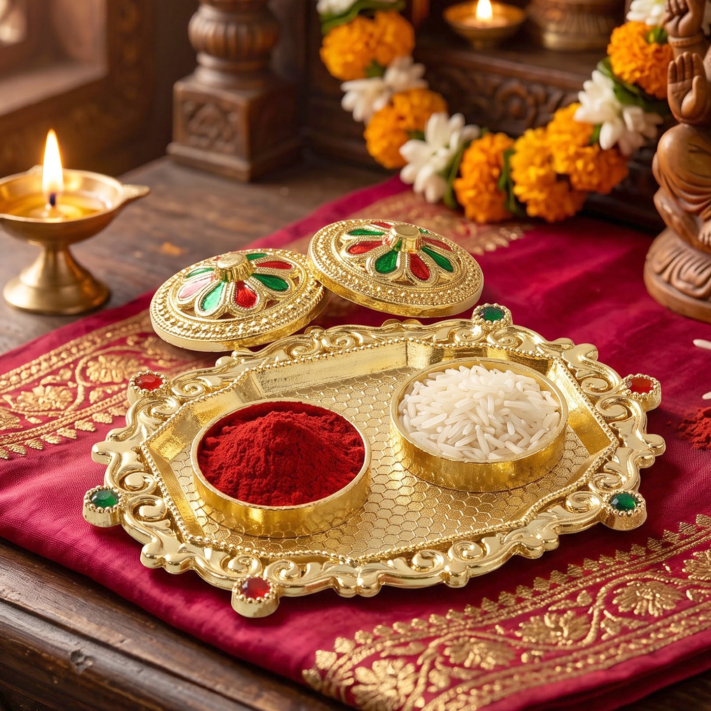 Decorative Golden Kankavati Kumkum Holder with Meenakari Lids (1 Pc)
