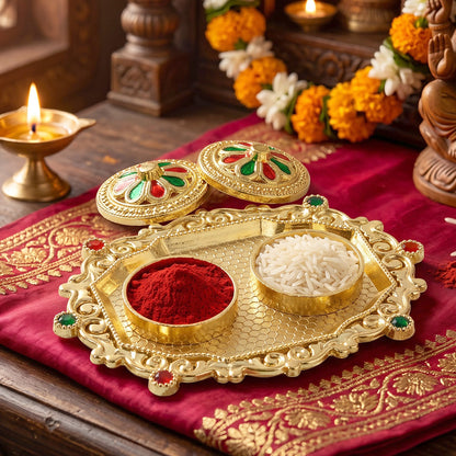 Decorative Golden Kankavati Kumkum Holder with Meenakari Lids (1 Pc)