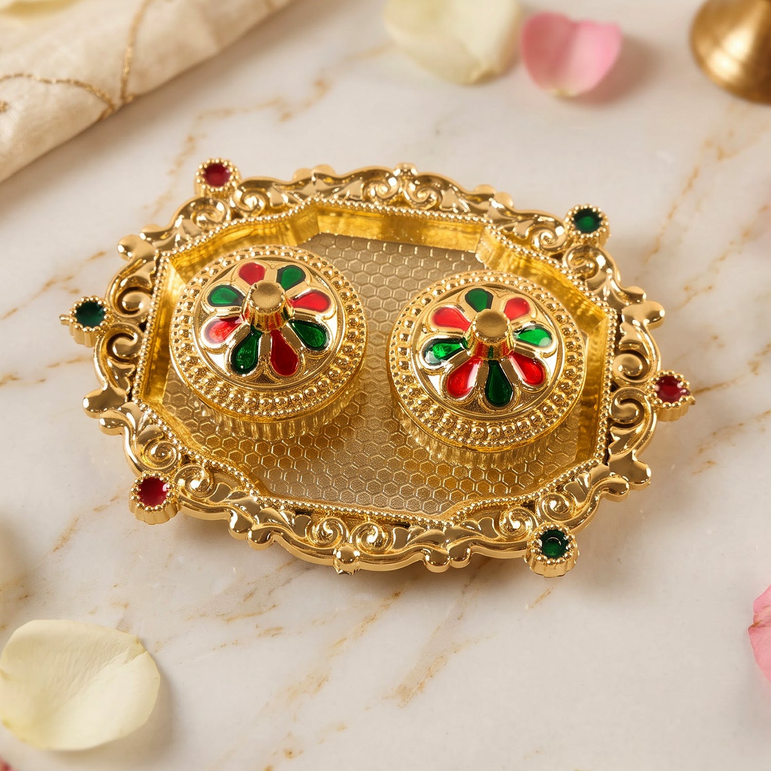 Decorative Golden Kankavati Kumkum Holder with Meenakari Lids (1 Pc)