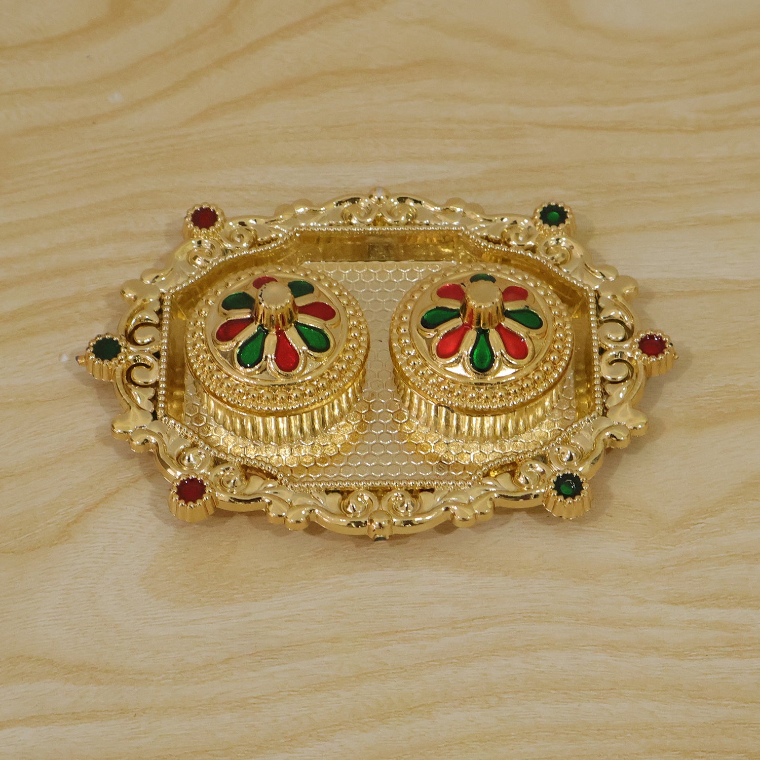 Decorative Golden Kankavati Kumkum Holder with Meenakari Lids (1 Pc)
