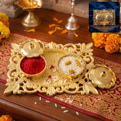 Golden Kankavati Kumkum Holder with Carved Frame and Lids (1 Pc)