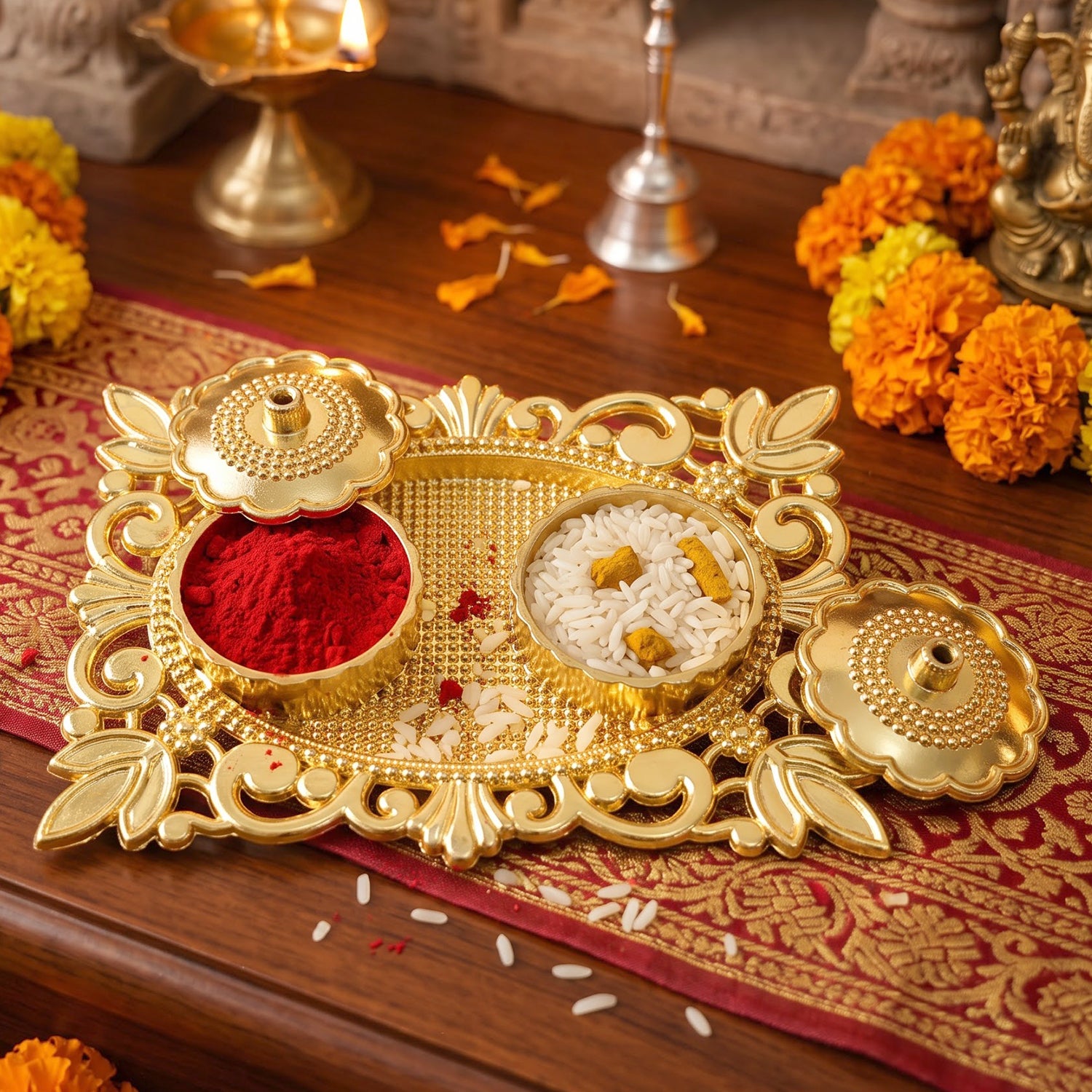 Golden Kankavati Kumkum Holder with Carved Frame and Lids (1 Pc)