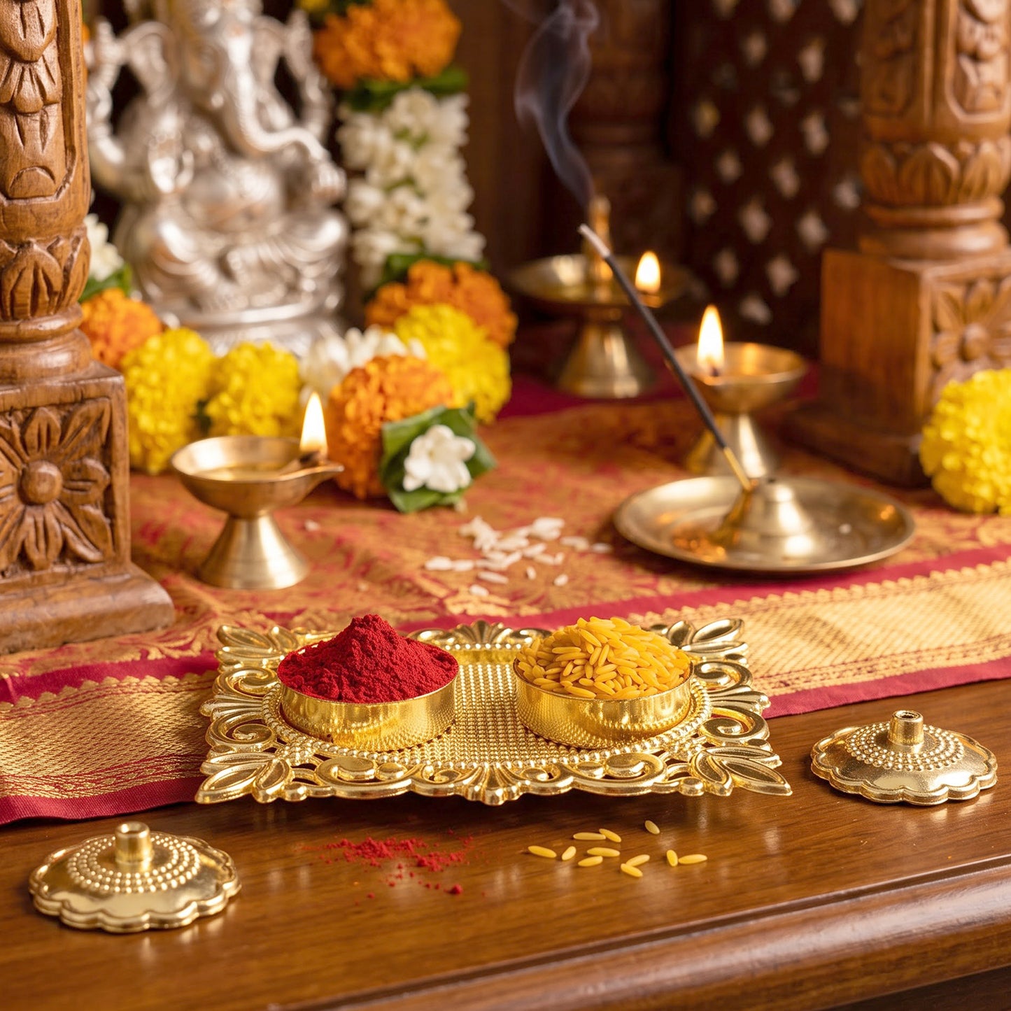 Golden Kankavati Kumkum Holder with Carved Frame and Lids (1 Pc)