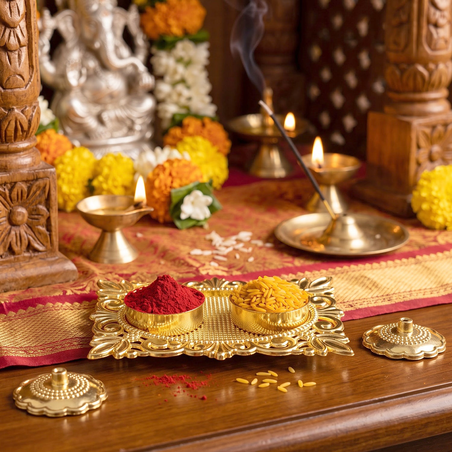 Golden Kankavati Kumkum Holder with Carved Frame and Lids (1 Pc)