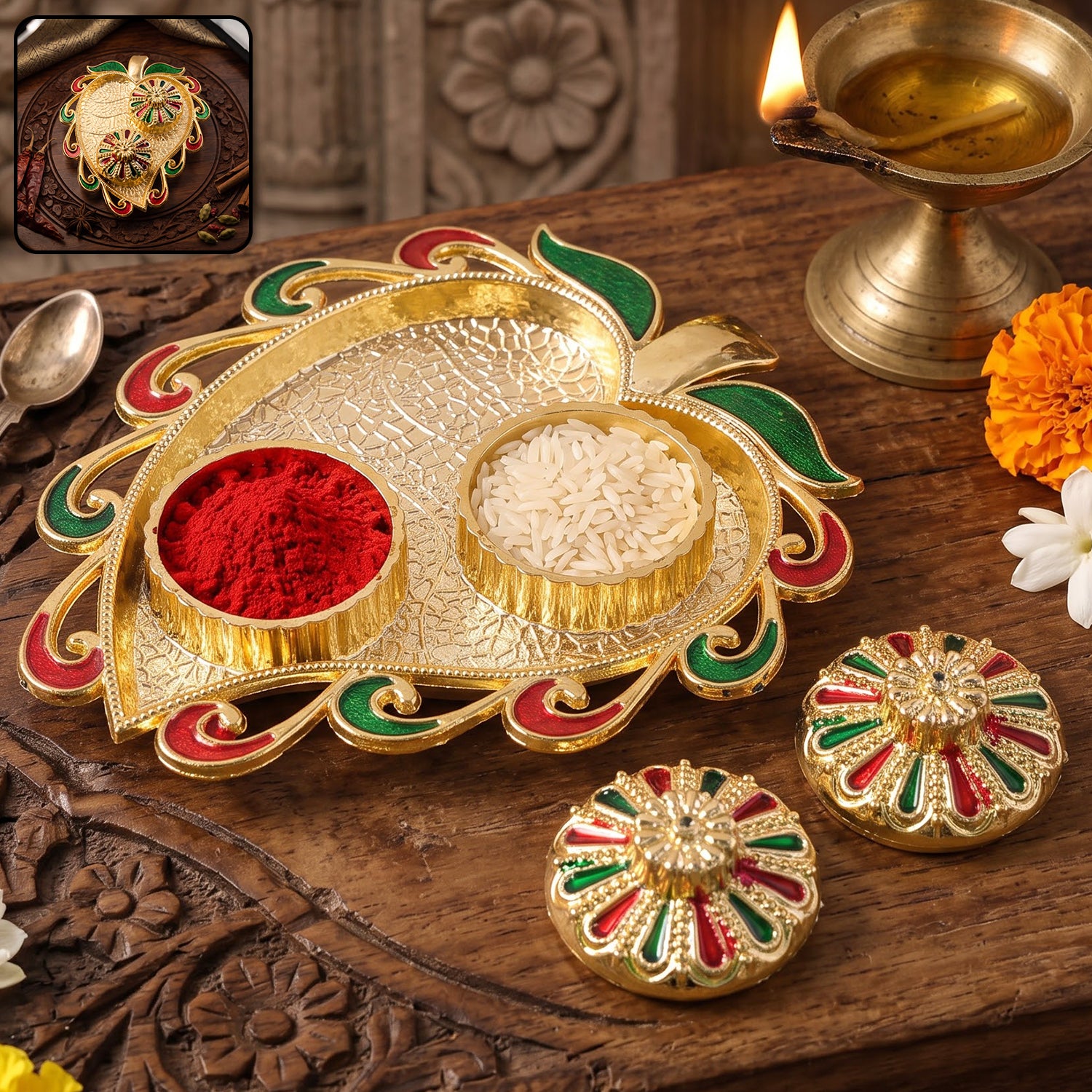 Leaf Shape Golden Kankavati Kumkum Holder with Enamel Lids (1 Pc)