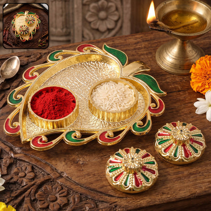 Leaf Shape Golden Kankavati Kumkum Holder with Enamel Lids (1 Pc)